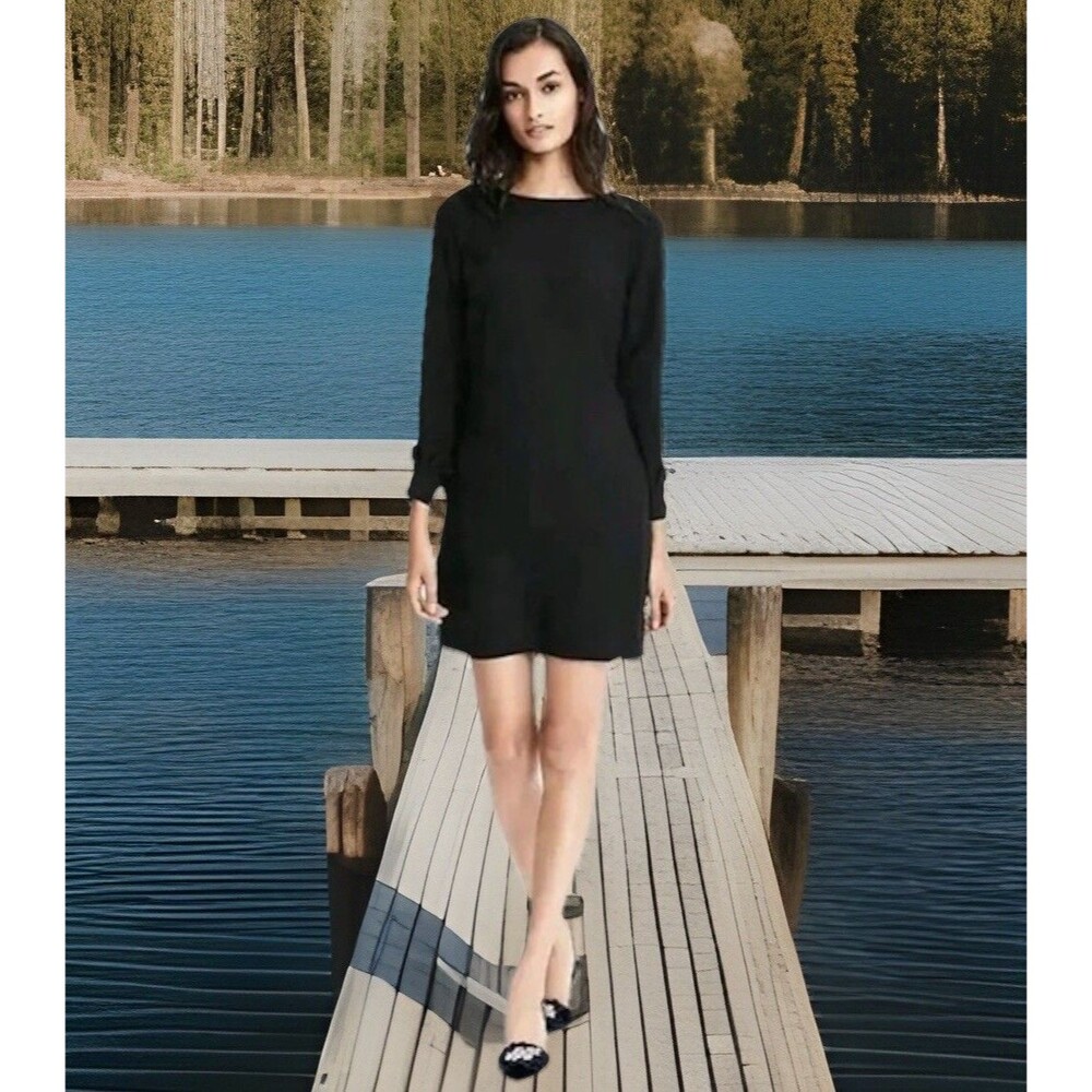 Chic Banana Republic Pleated Ruffle Cuff Sheath Dress Lined Pockets Black‎ SZ 2